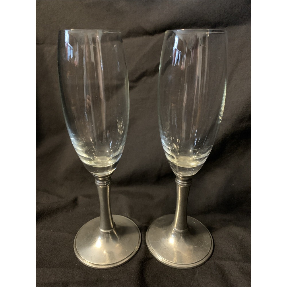 A Pair of Champagne Flutes with Pewter Base‎ 8 - 1/2 in Tall